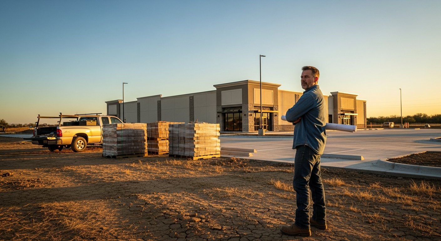 Contractor in dusty denim shirt and work boots stands with arms crossed before a finished commercial building, rolled…