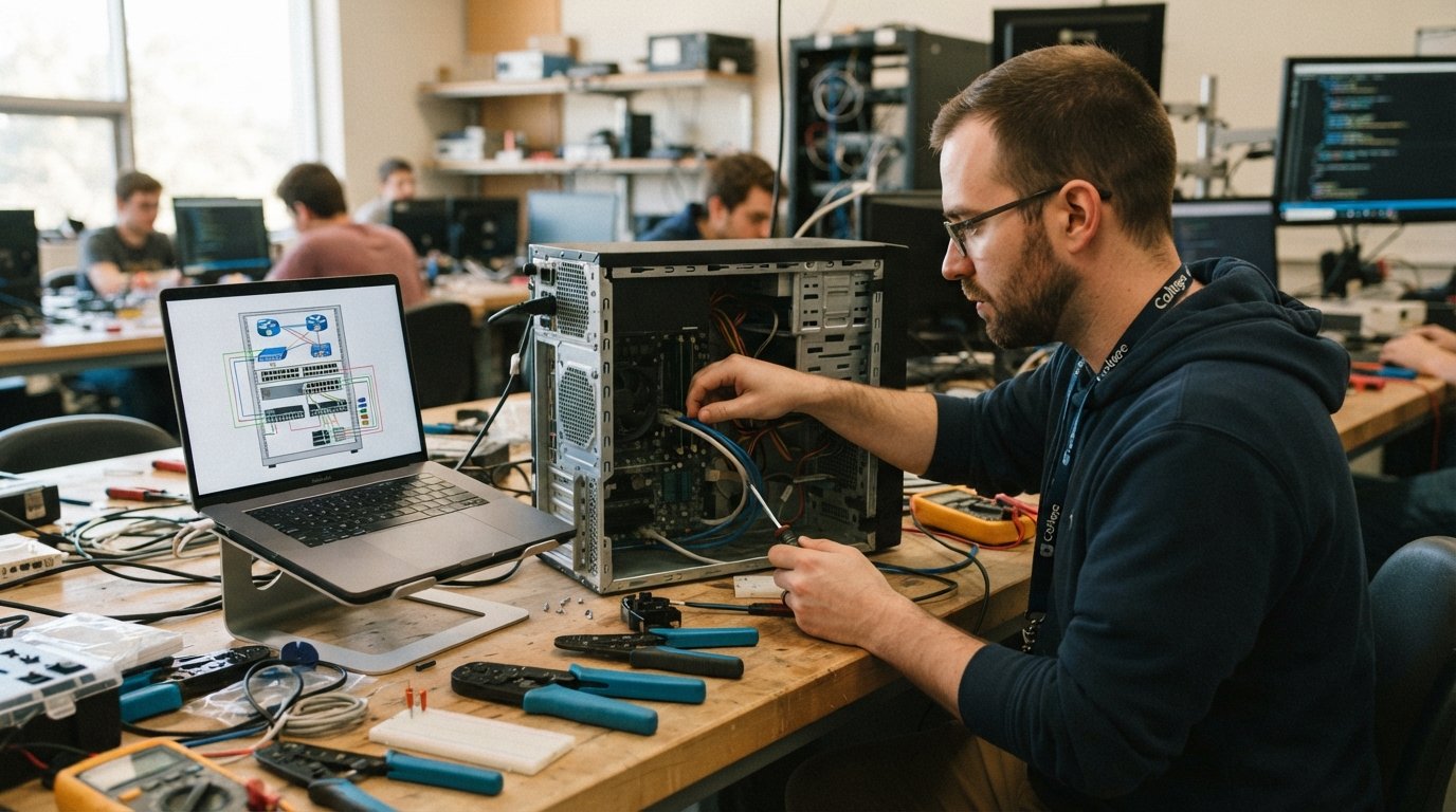 Student working inside an open desktop tower with network cables and a laptop showing a server rack diagram in a community…