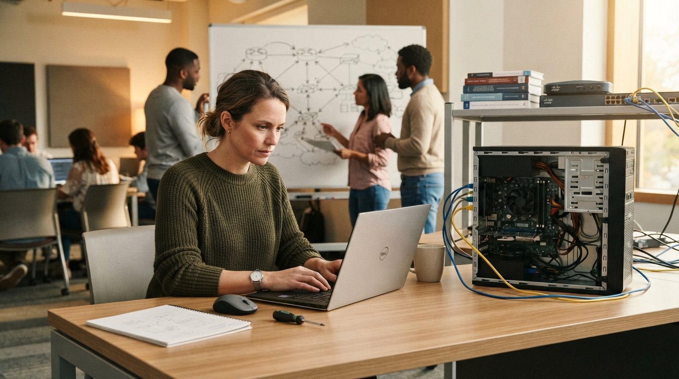 Adult student in his 30s works on a laptop at a modern classroom desk, with a whiteboard showing network diagrams and a…