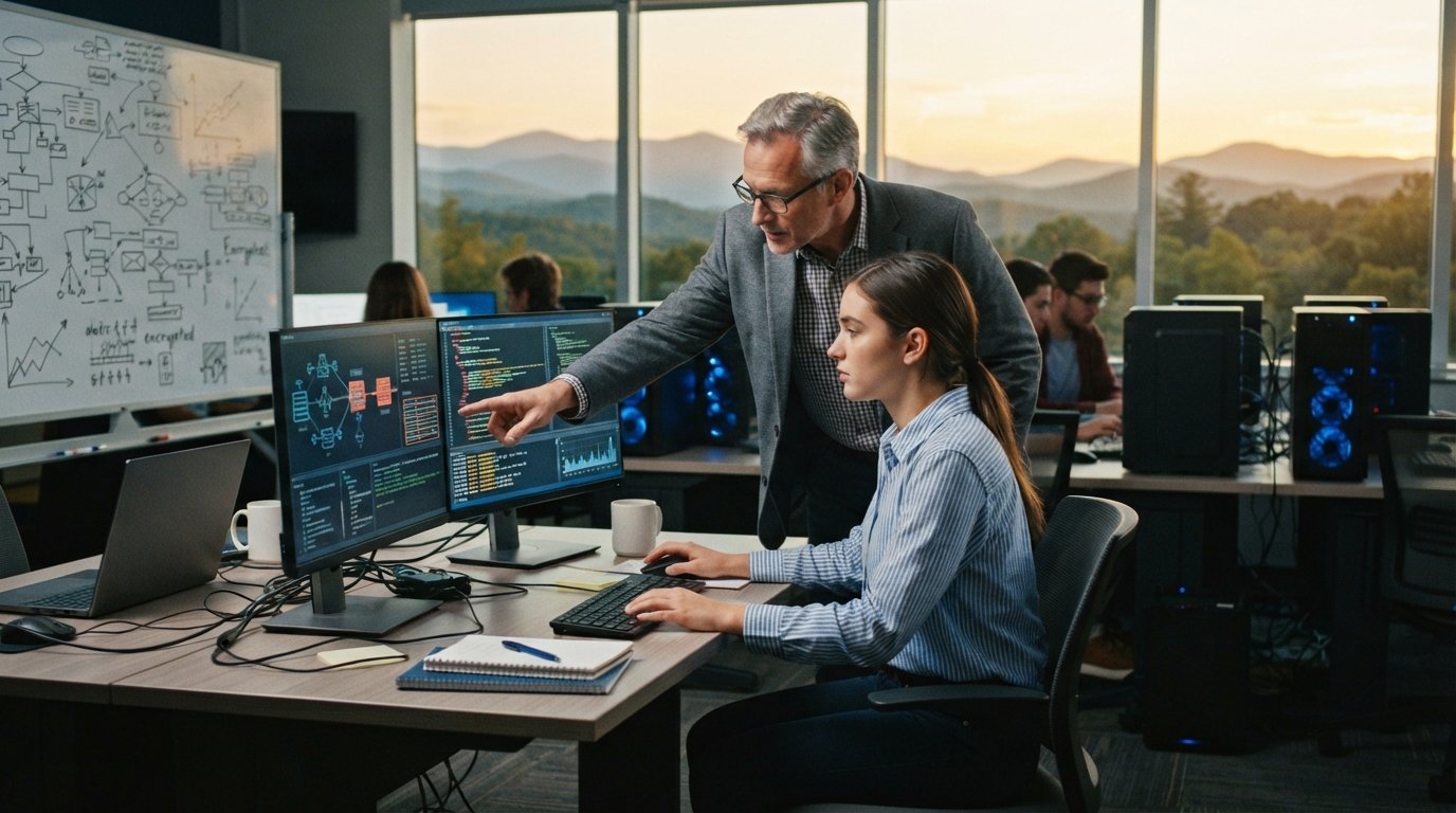 College student in a business-casual shirt reviews firewall code on dual monitors as a professor points to a data log in a…
