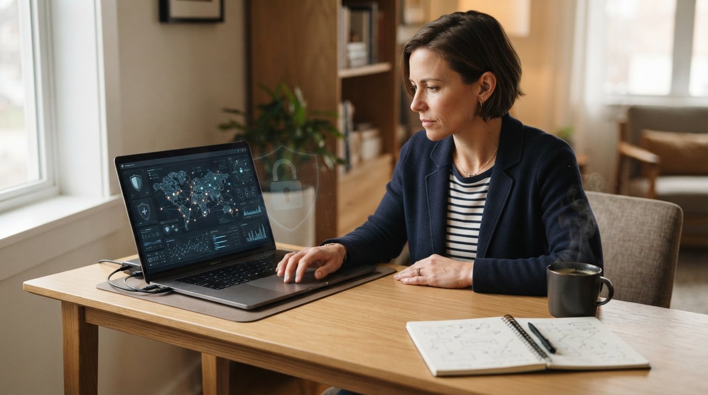 Adult student in business-casual attire working on a laptop with a cybersecurity dashboard at a home desk, notebook and…