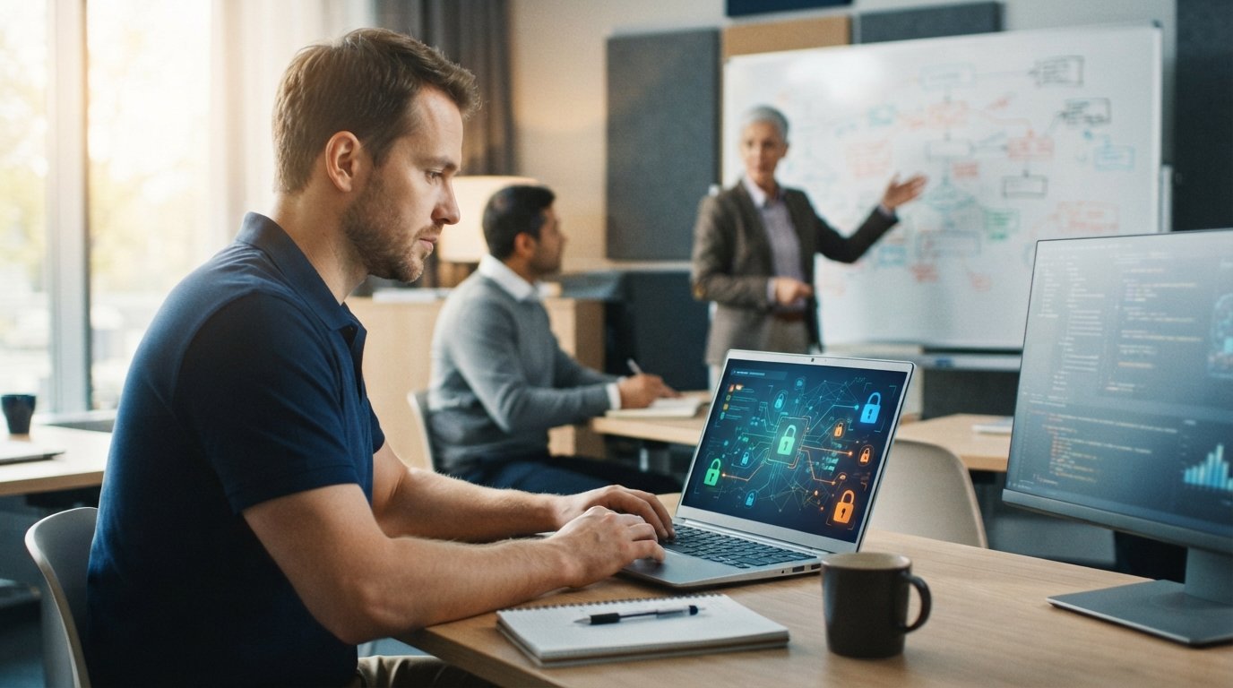 Adult student in a navy polo studies network diagrams and padlock icons on a laptop beside a second monitor, notebook, and…