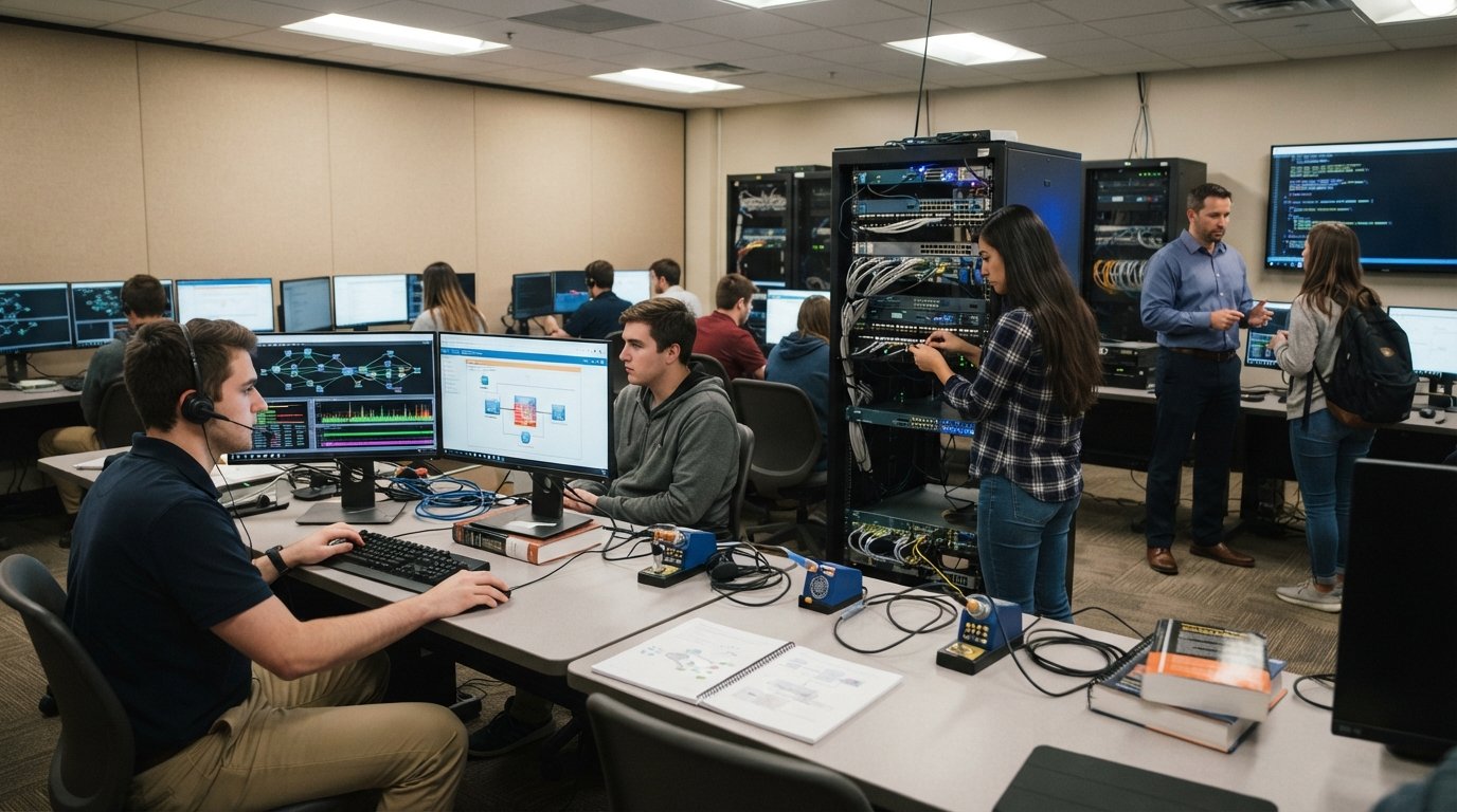 Students at dual-monitor workstations showing network topology maps and firewall settings, one configuring a router,…