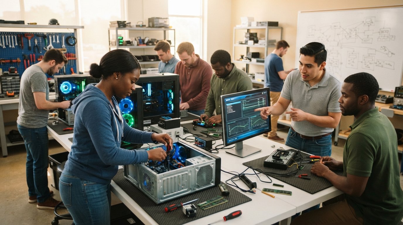 Adult students in casual clothes install RAM and cables into open desktop PC towers at a well-lit workbench in a modern…