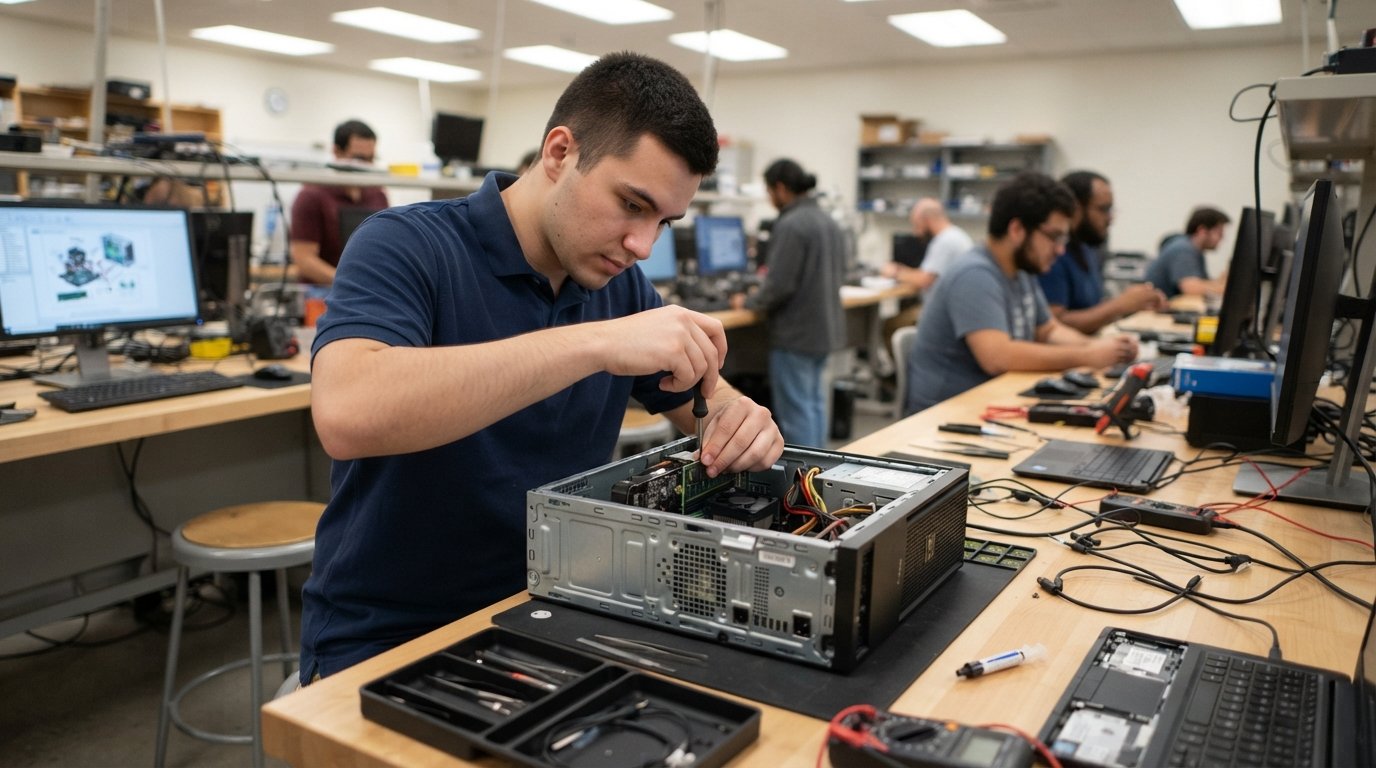 Student in a navy polo uses a small screwdriver to replace a component inside an open desktop computer tower on a workbench…