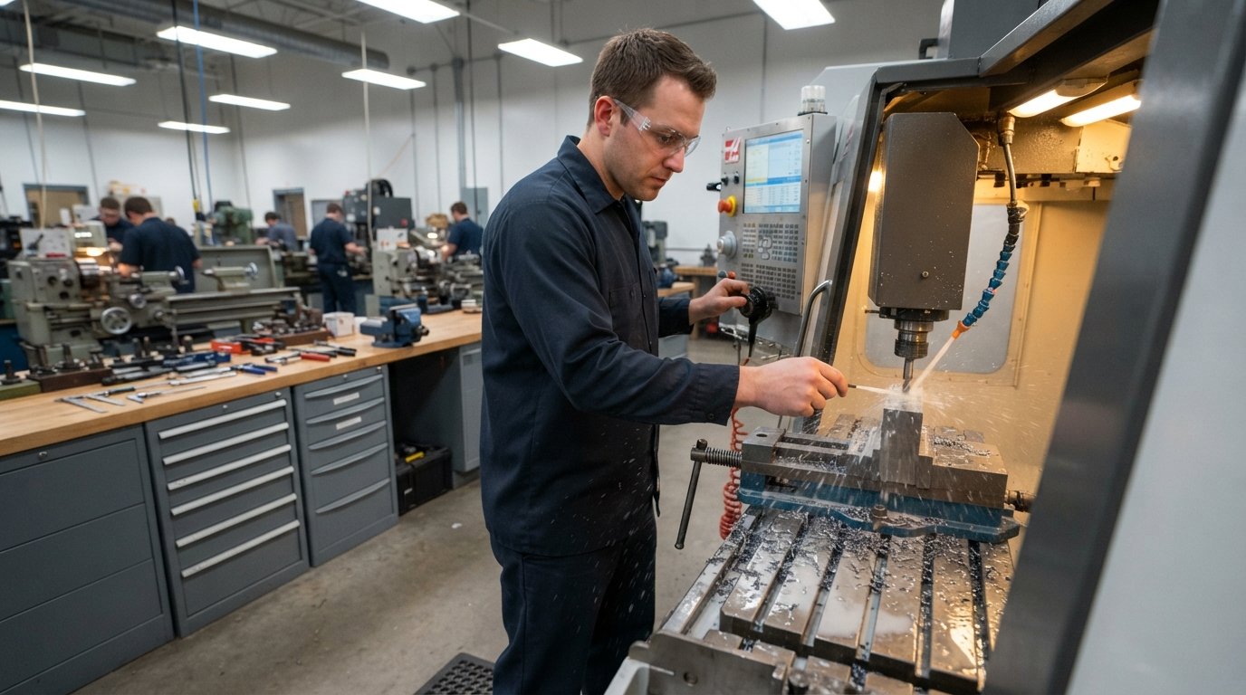Student in safety glasses and navy work shirt operating a CNC milling machine, guiding the cutting tool over a clamped…