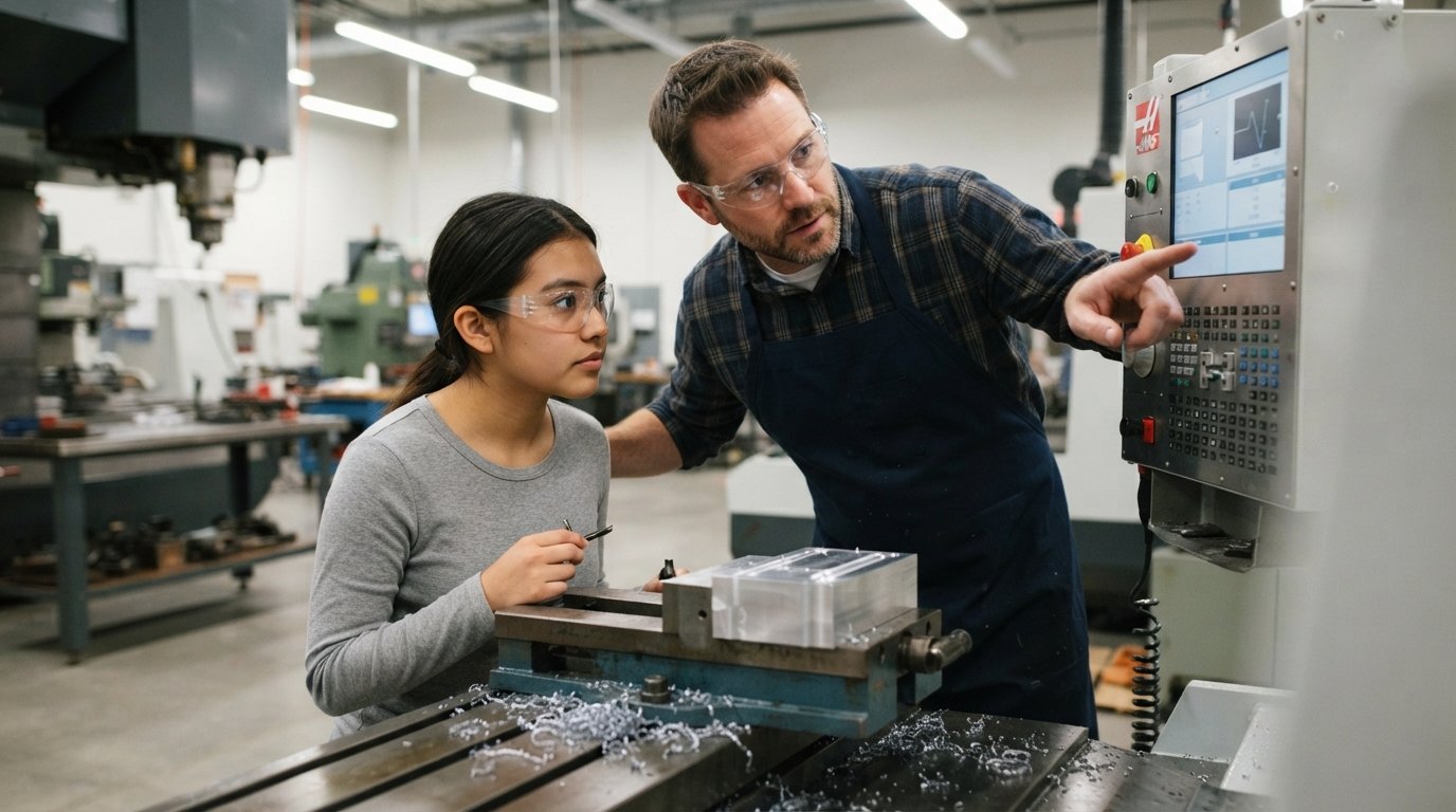Instructor in safety glasses points at the digital readout of a CNC milling machine while a female student watches.