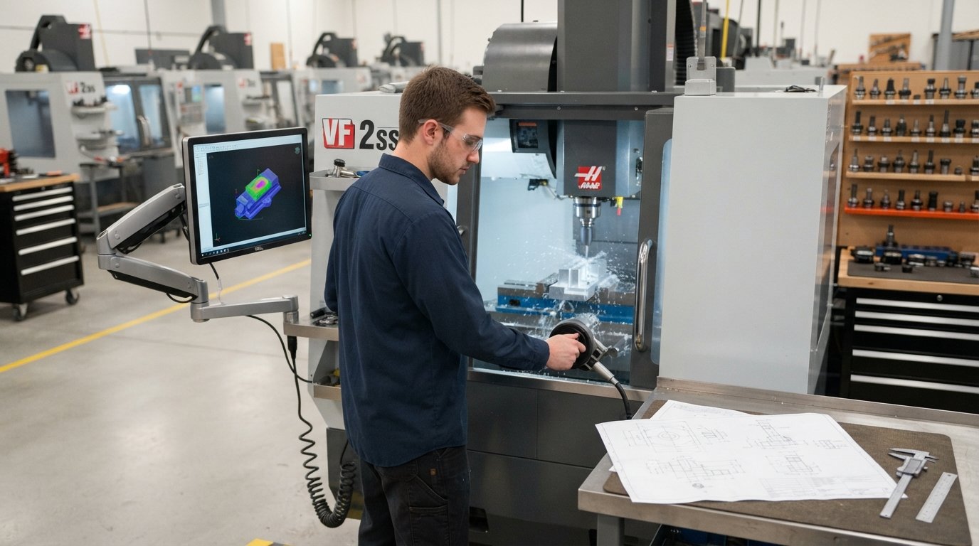Student in safety glasses and navy work shirt operates a CNC milling machine, watching the cutting tool shape metal while a…