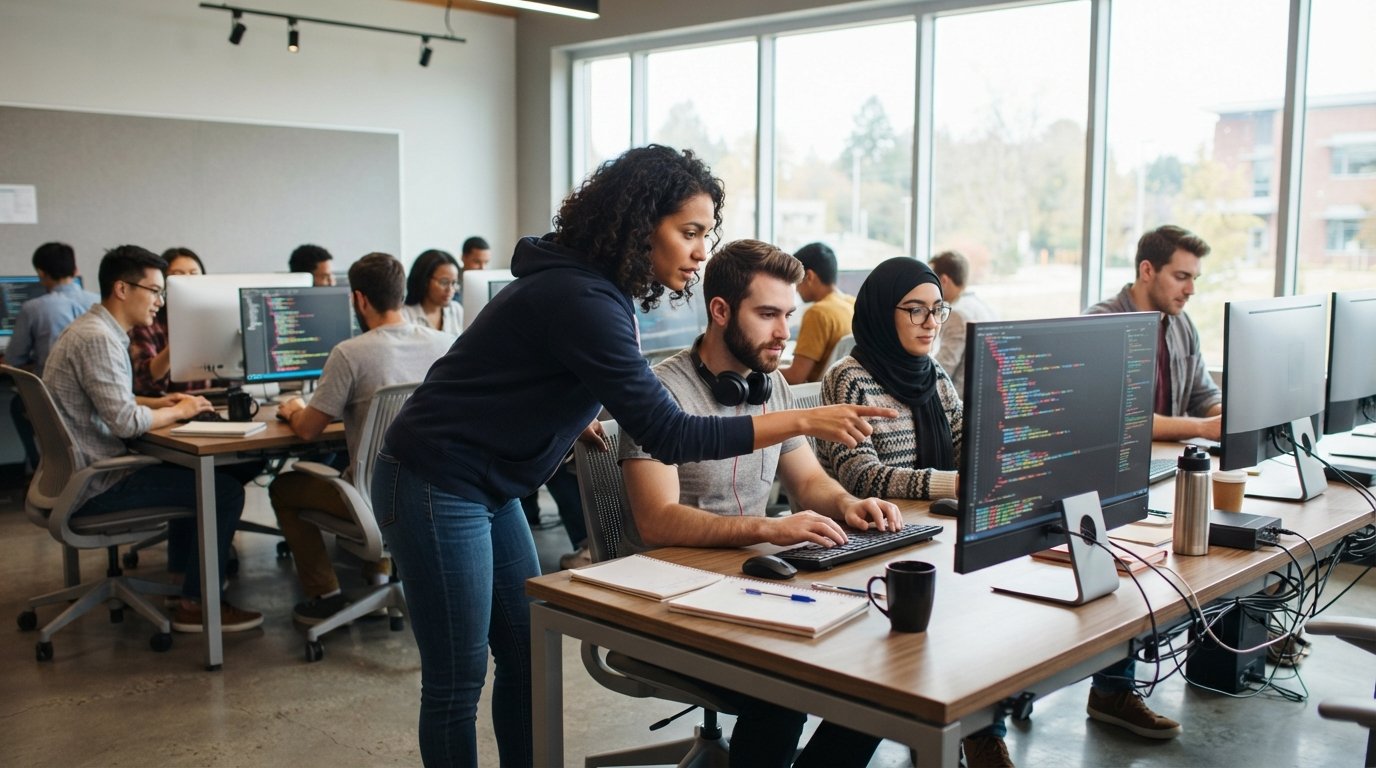 Adult students working at desktop computers with code on monitors while an instructor helps one student in a bright…