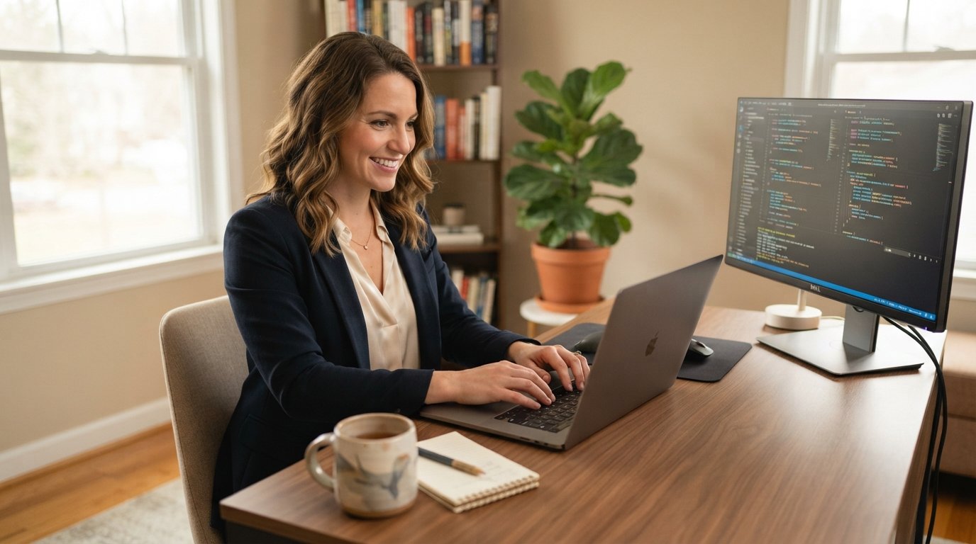 Smiling woman in navy blazer typing on laptop with code on second monitor in bright home office