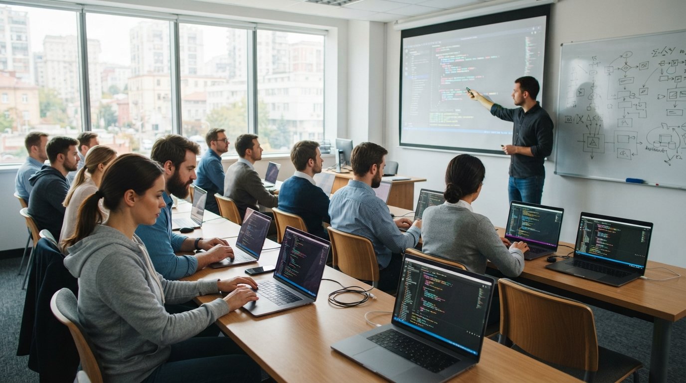Adult students coding on laptops in a bright classroom as an instructor points to a projection screen with colorful code
