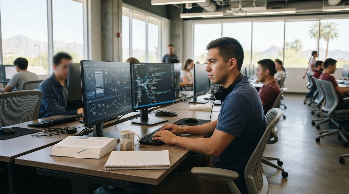 College student in a polo shirt writing code on a dual-monitor workstation in a bright university computer lab with desert…