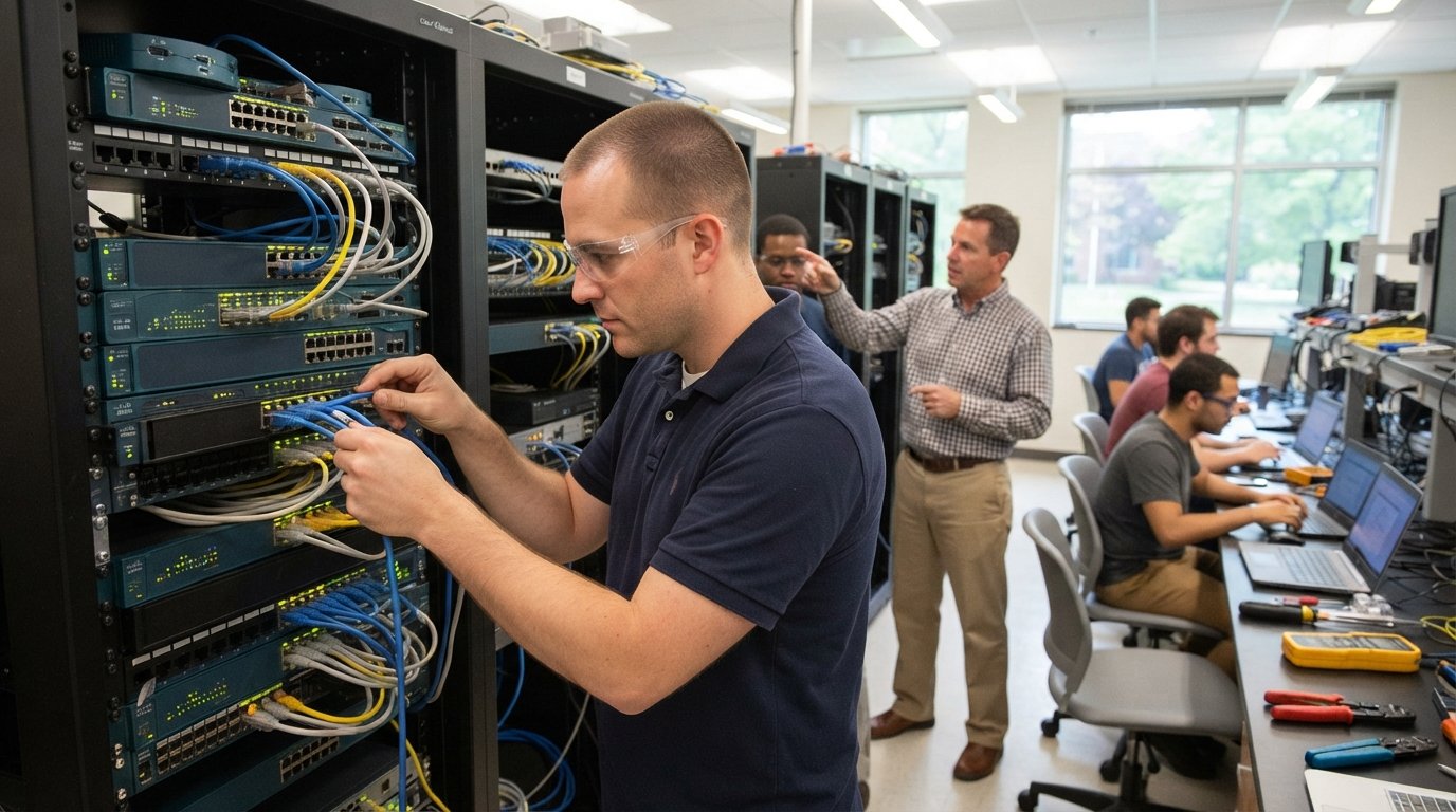 Student in navy polo and safety glasses plugs ethernet cables into a rack-mounted network switch in a bright classroom lab,…