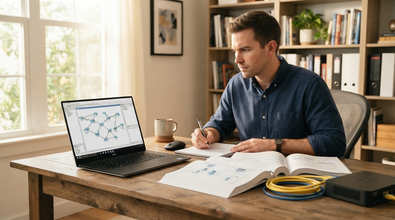Adult student in blue shirt studying at a home desk with a laptop showing network diagrams, open networking textbook,…