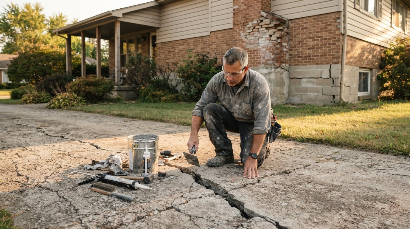 Contractor kneeling on a cracked concrete driveway with a trowel and sealant bucket, inspecting a wide fissure beside a…