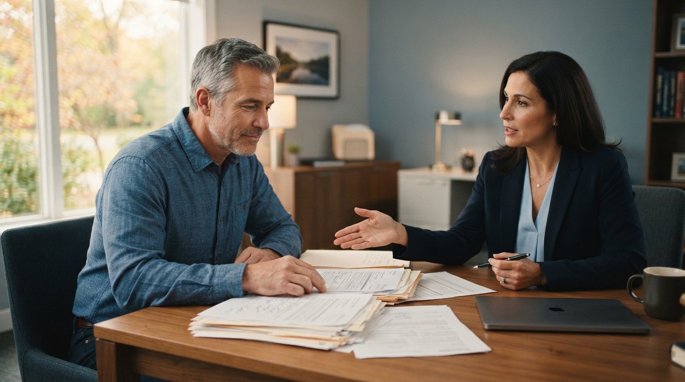 Attorney and client review disability claim documents together at a desk in a bright Connecticut law office