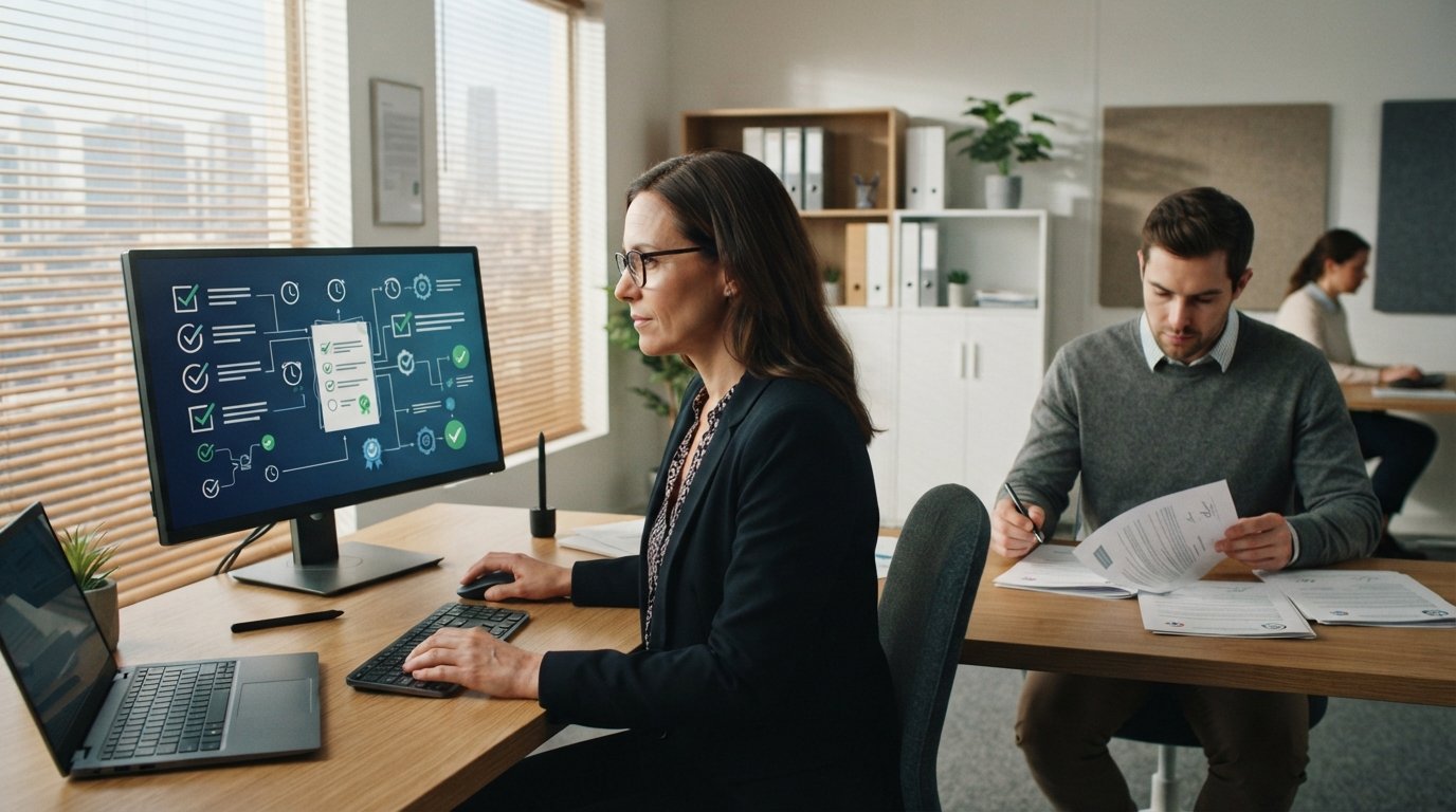 Compliance officer reviews a digital consent form with timestamped checkboxes and approval icons on a large monitor while a…