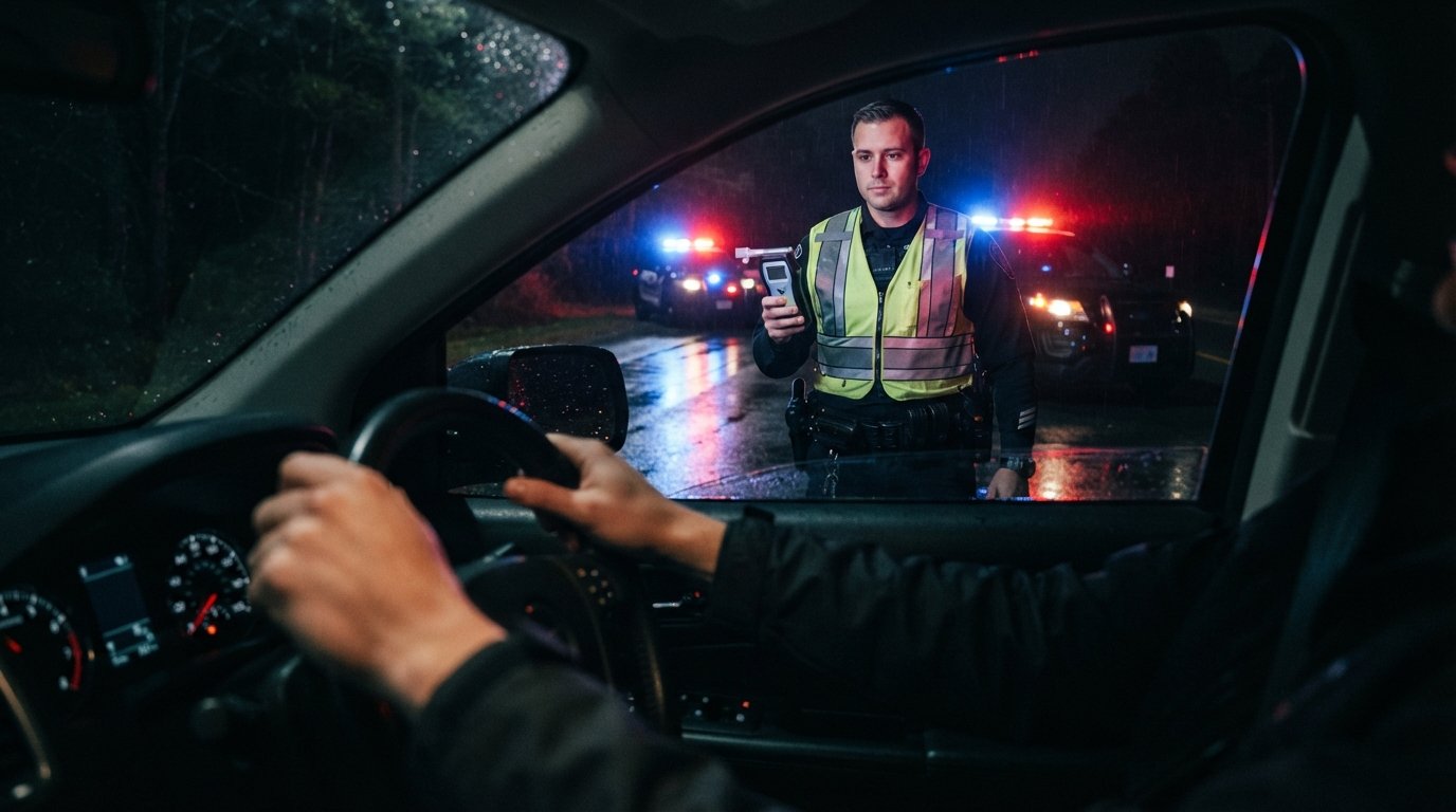 Police officer in a reflective vest holds a handheld breathalyzer beside a driver's window at night, red and blue emergency…