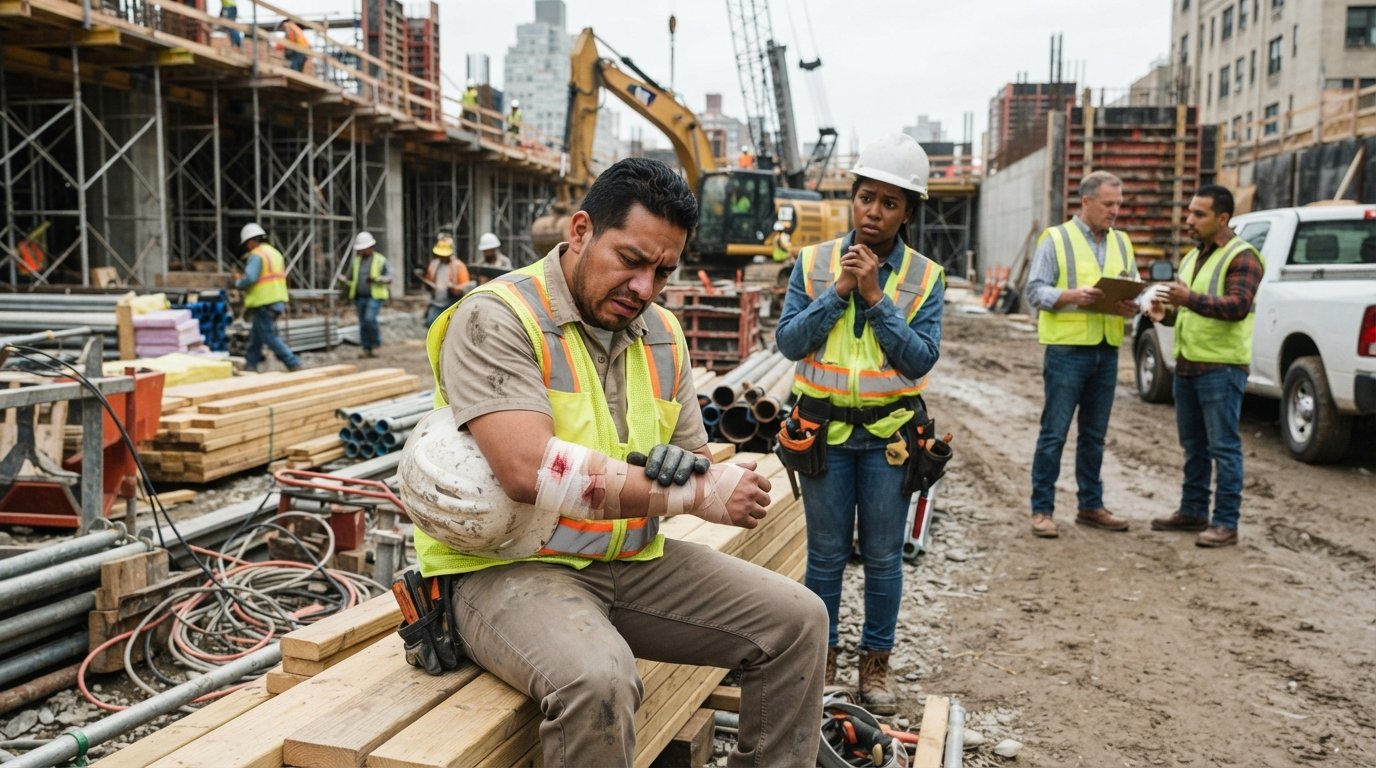 Construction worker in a hard hat and safety vest holds his hard hat while looking down at his injured arm, with a coworker…