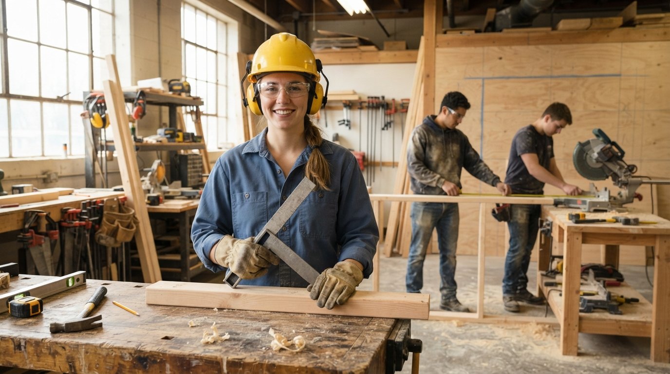 Young adult in yellow hard hat and work gloves holding a carpenter's square, smiling in a sunlit construction workshop with…