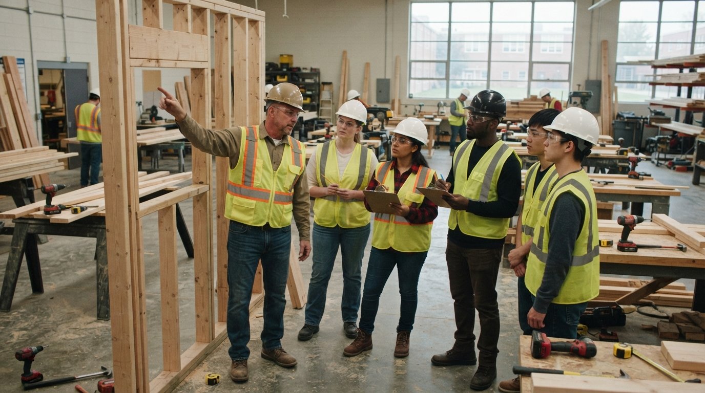 Adult students in hard hats, safety glasses, and work vests build a wood wall frame in a technical college workshop as an…