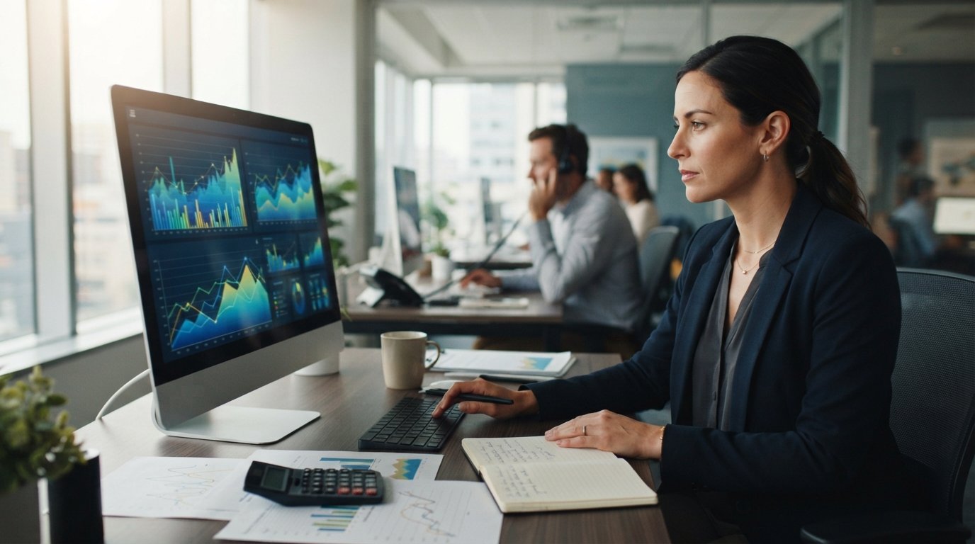 Loan officer at a desktop monitor reviewing abstract trend charts, with a colleague on a phone call blurred behind and rate…