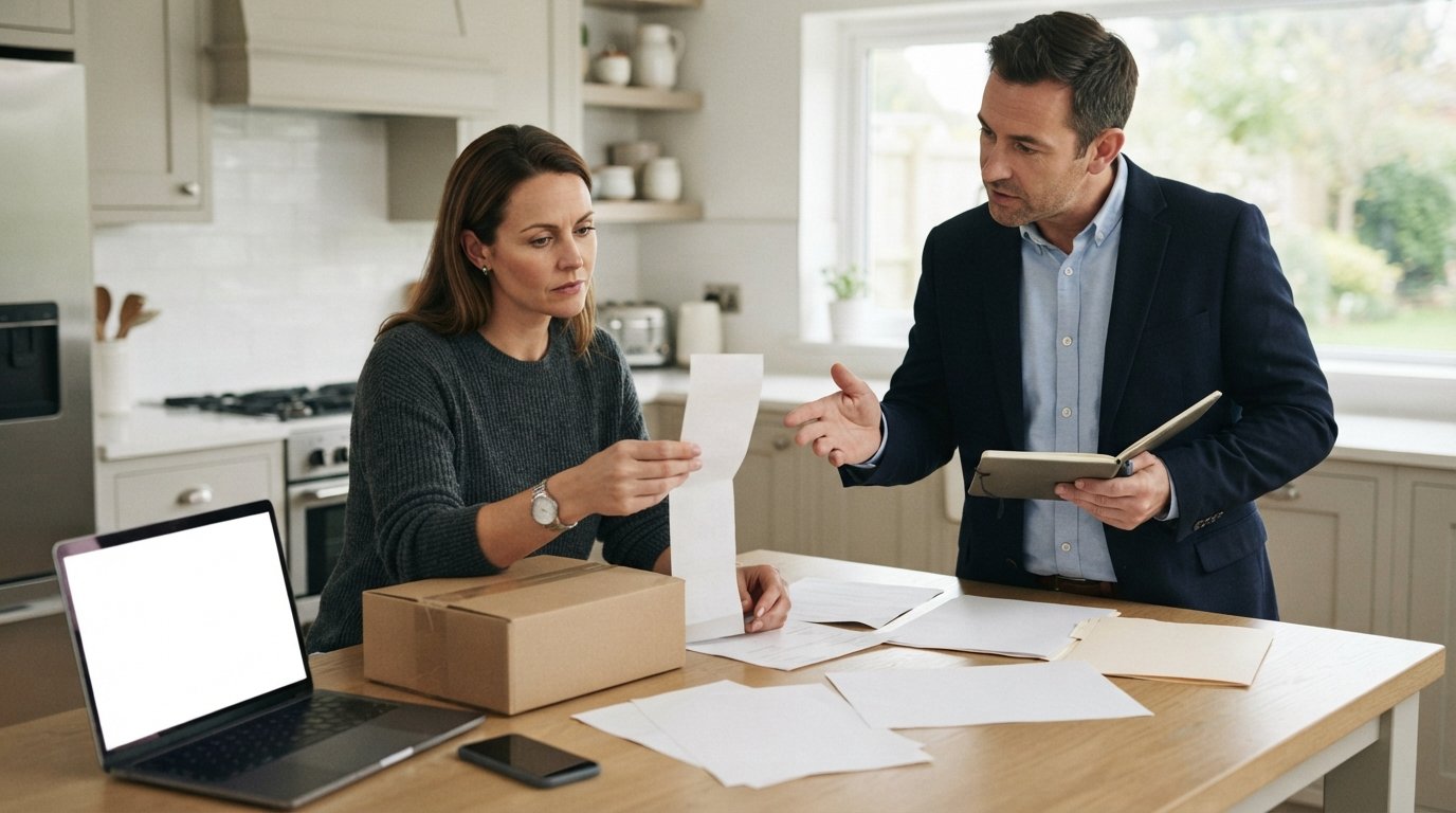 Adult reviewing a receipt and product box at a kitchen table while another person with a notepad gestures toward the…