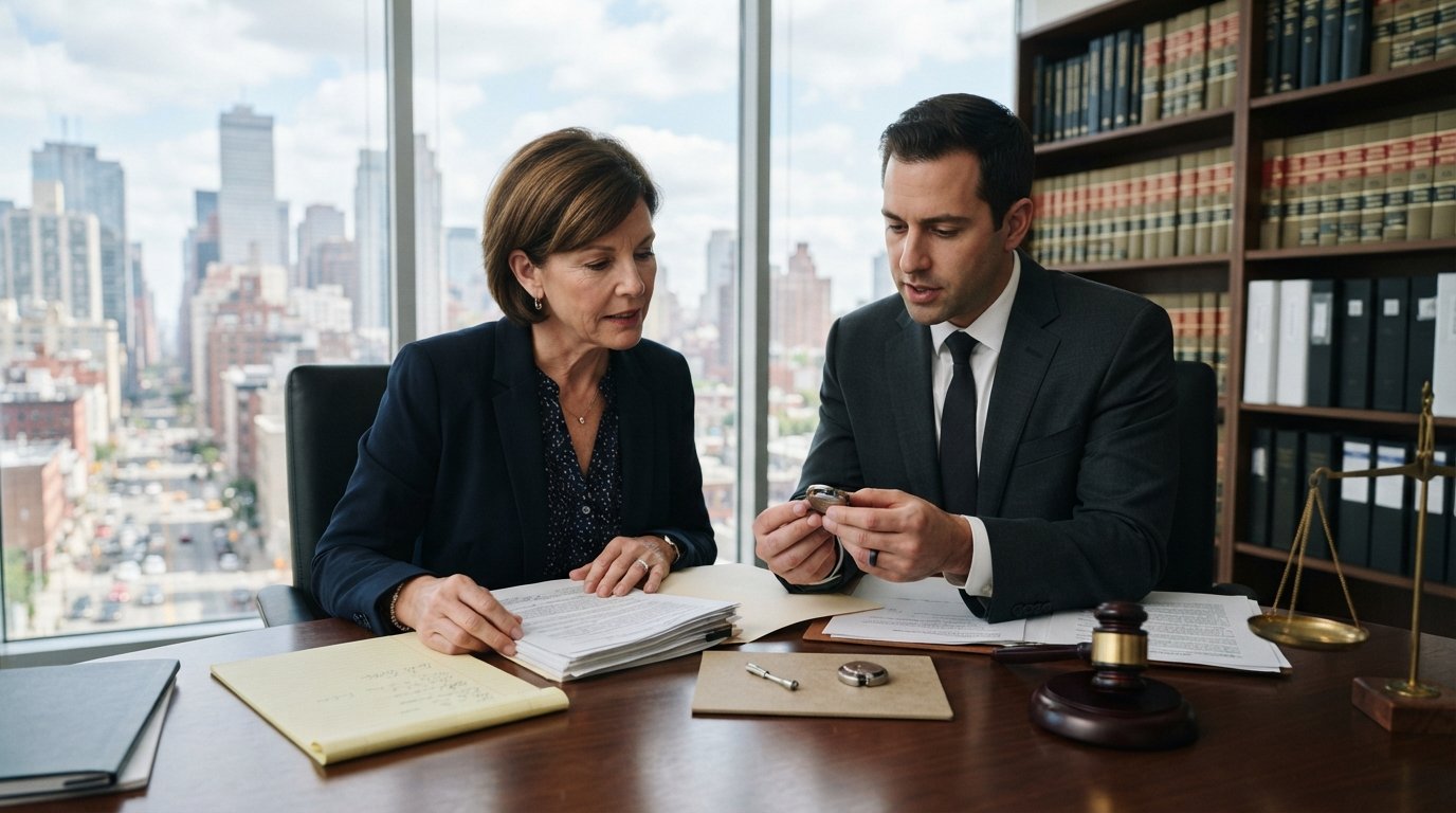 Woman in navy blazer and attorney in charcoal suit review a defective medical device and case documents at a wooden desk in…