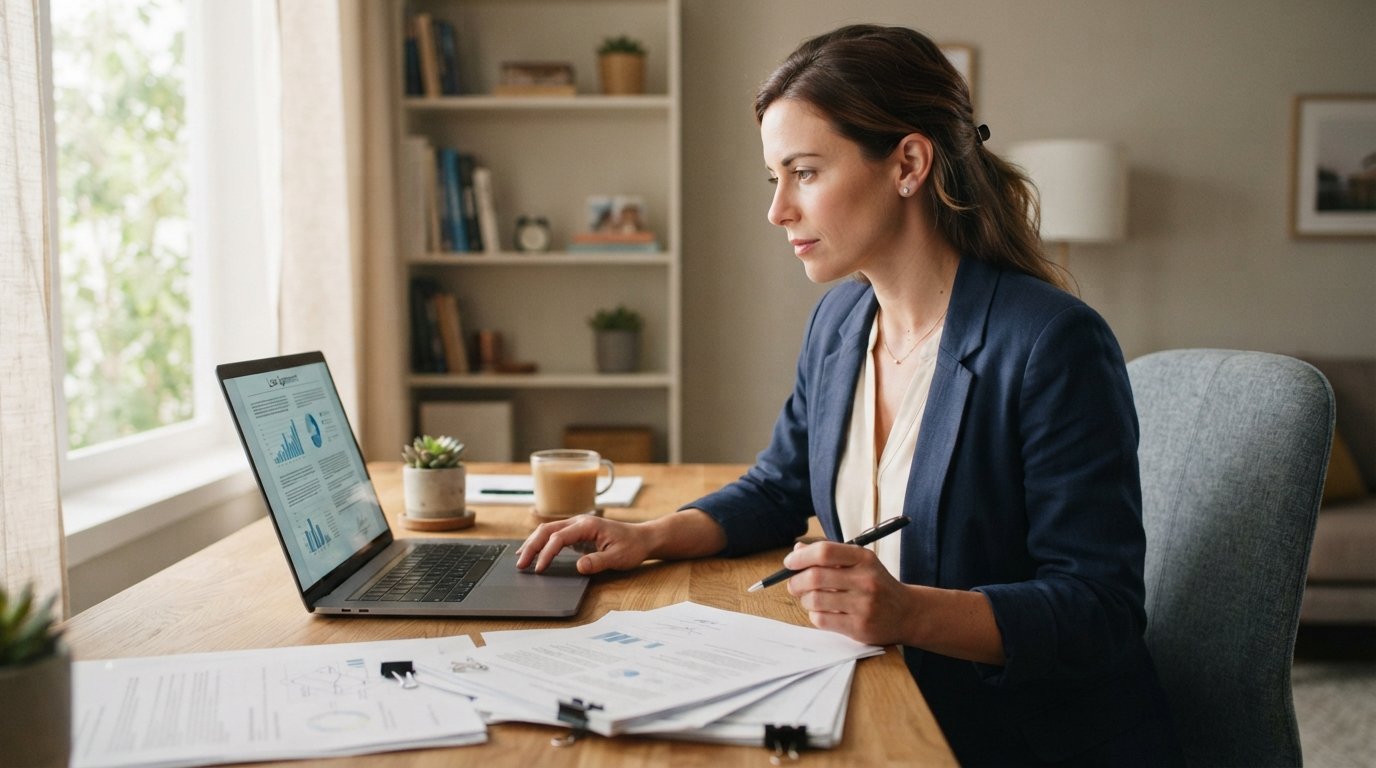 Focused woman in a blazer reviews a loan agreement on a laptop at a wooden desk, pen in hand over printed paperwork, with…
