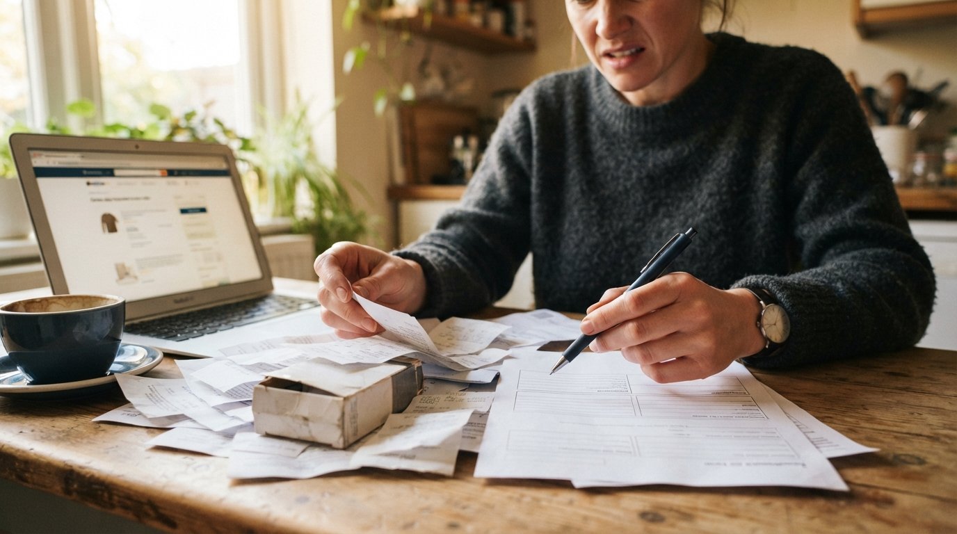 Person in a sweater holding a pen over a complaint form beside receipts, bills, a product box, laptop, and coffee mug on a…