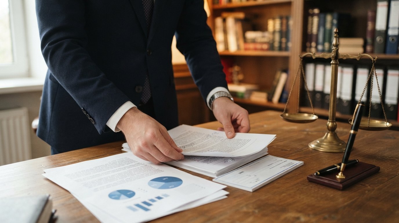 Lawyer's hands in a dark suit sorting legal documents with percentage charts and a settlement check on a wooden desk,…