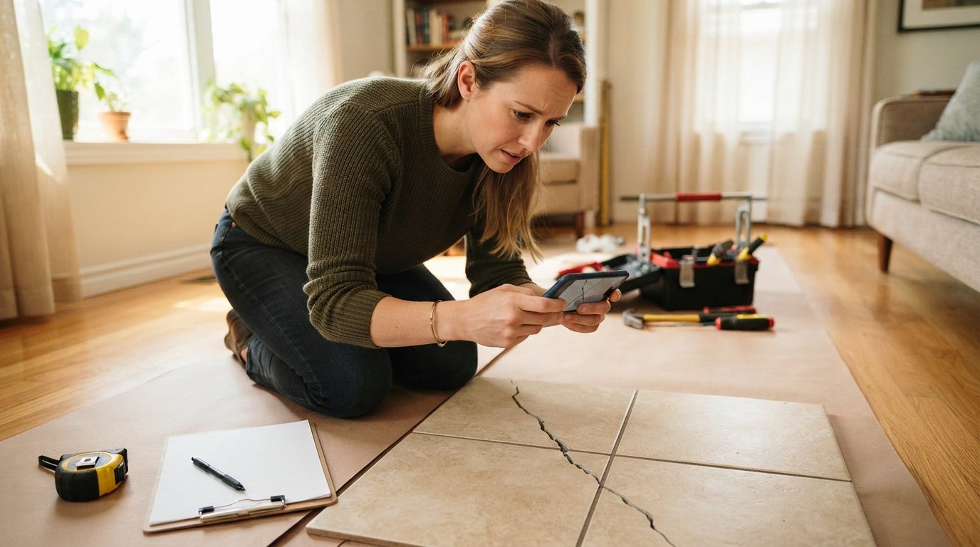 Homeowner kneels on a hardwood floor photographing a large crack in a ceramic tile with a smartphone, beside a checklist…