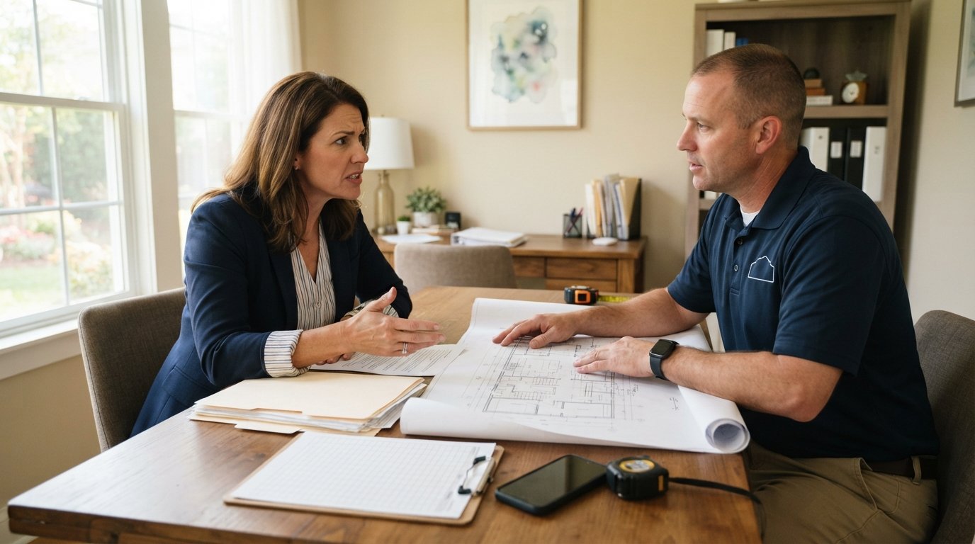 Homeowner and contractor seated at a wooden table with paperwork, a clipboard, a smartphone, and a rolled kitchen remodel…