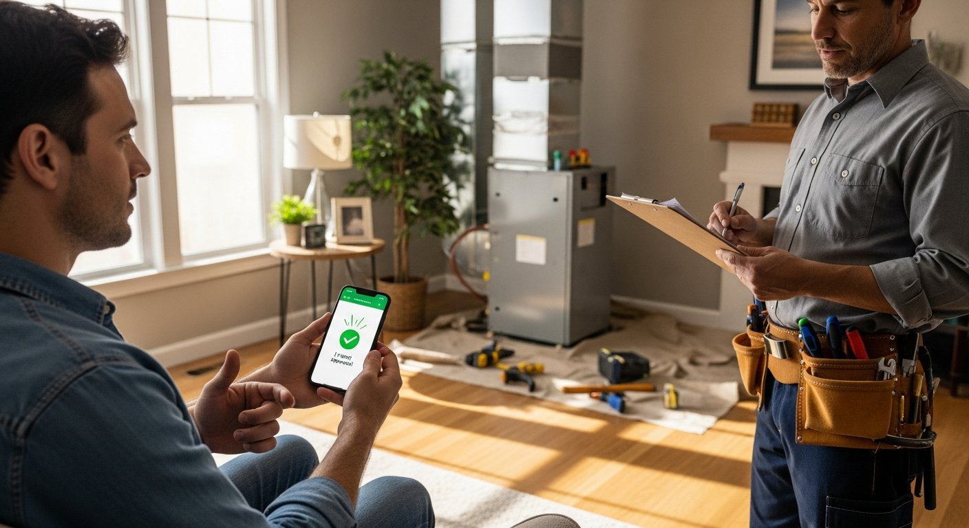 Homeowner holding smartphone with payment approval as contractor in work shirt reviews financing clipboard in sunlit living…