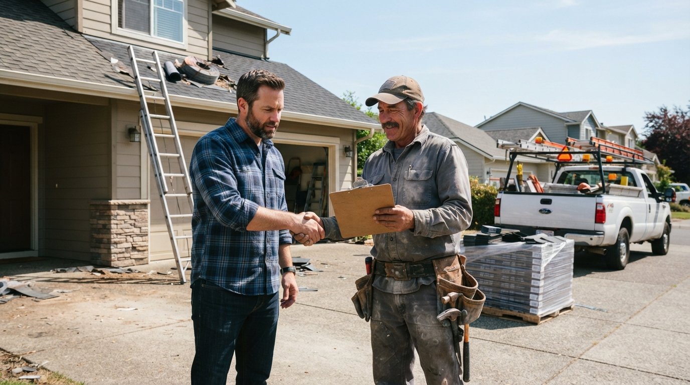 Homeowner and contractor shaking hands while reviewing an insurance certificate on a clipboard beside a house under roof…