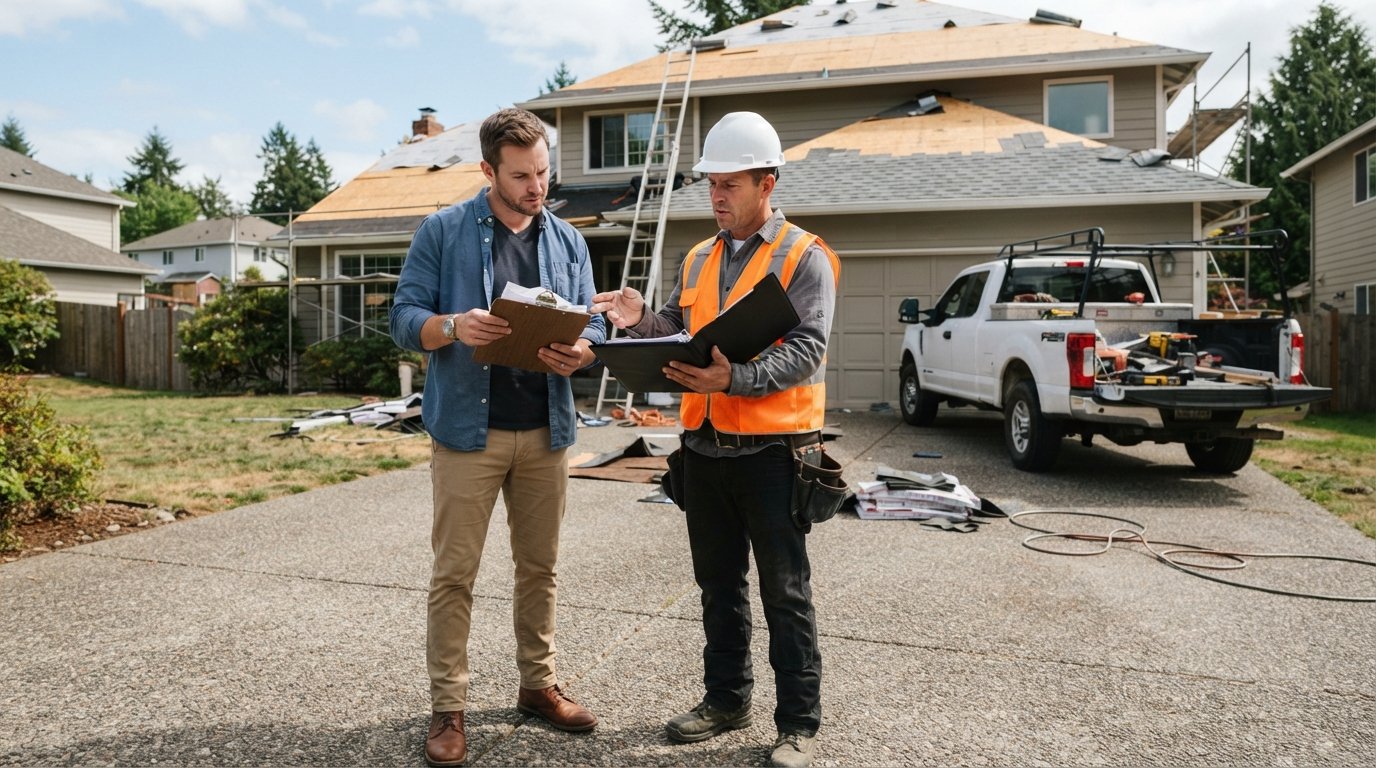 Homeowner with clipboard and insurance paperwork stands beside a contractor in hard hat and safety vest near a ladder,…