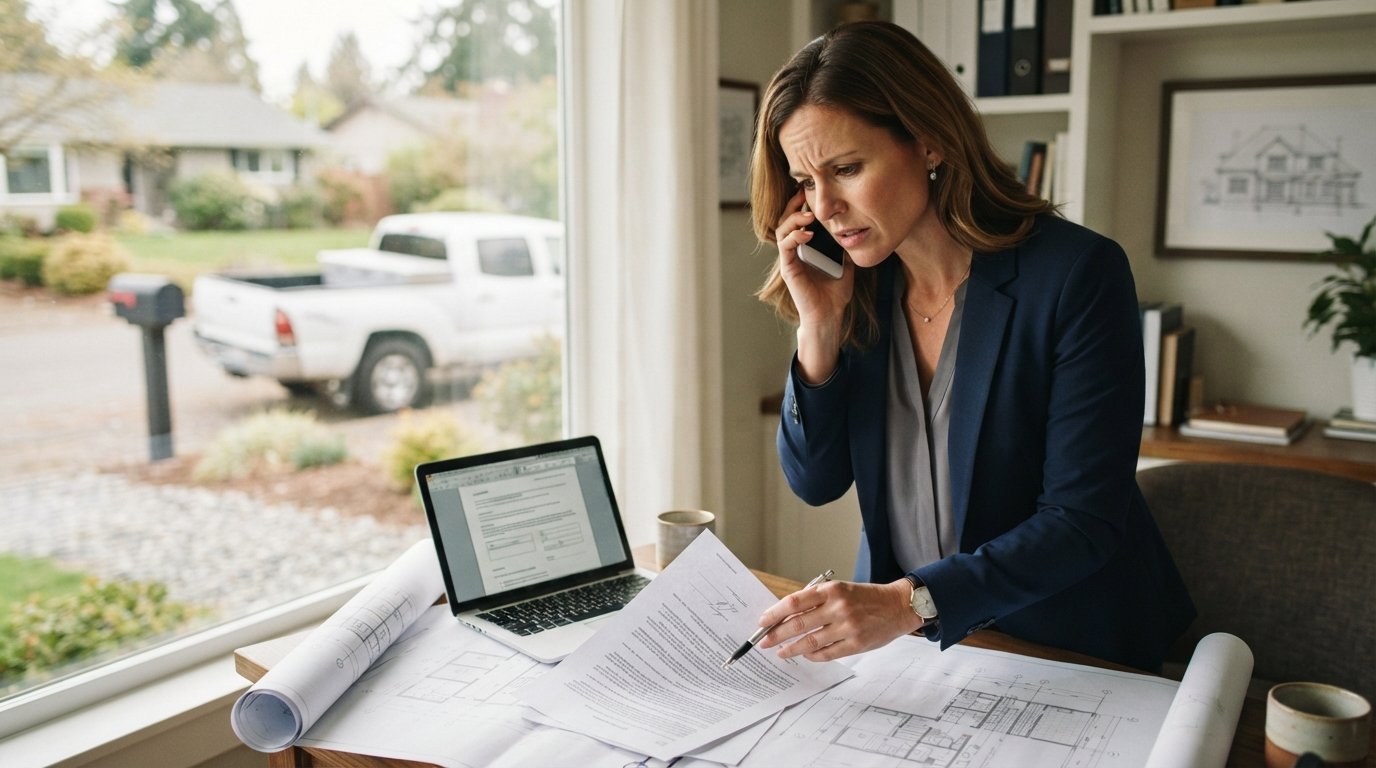Homeowner in business-casual attire holds a document and phone in a sunlit office, with blueprints and laptop nearby