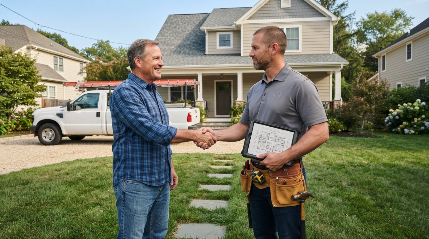 Smiling homeowner in work clothes shakes hands with a contractor in a branded polo and tool belt on a front lawn, both…