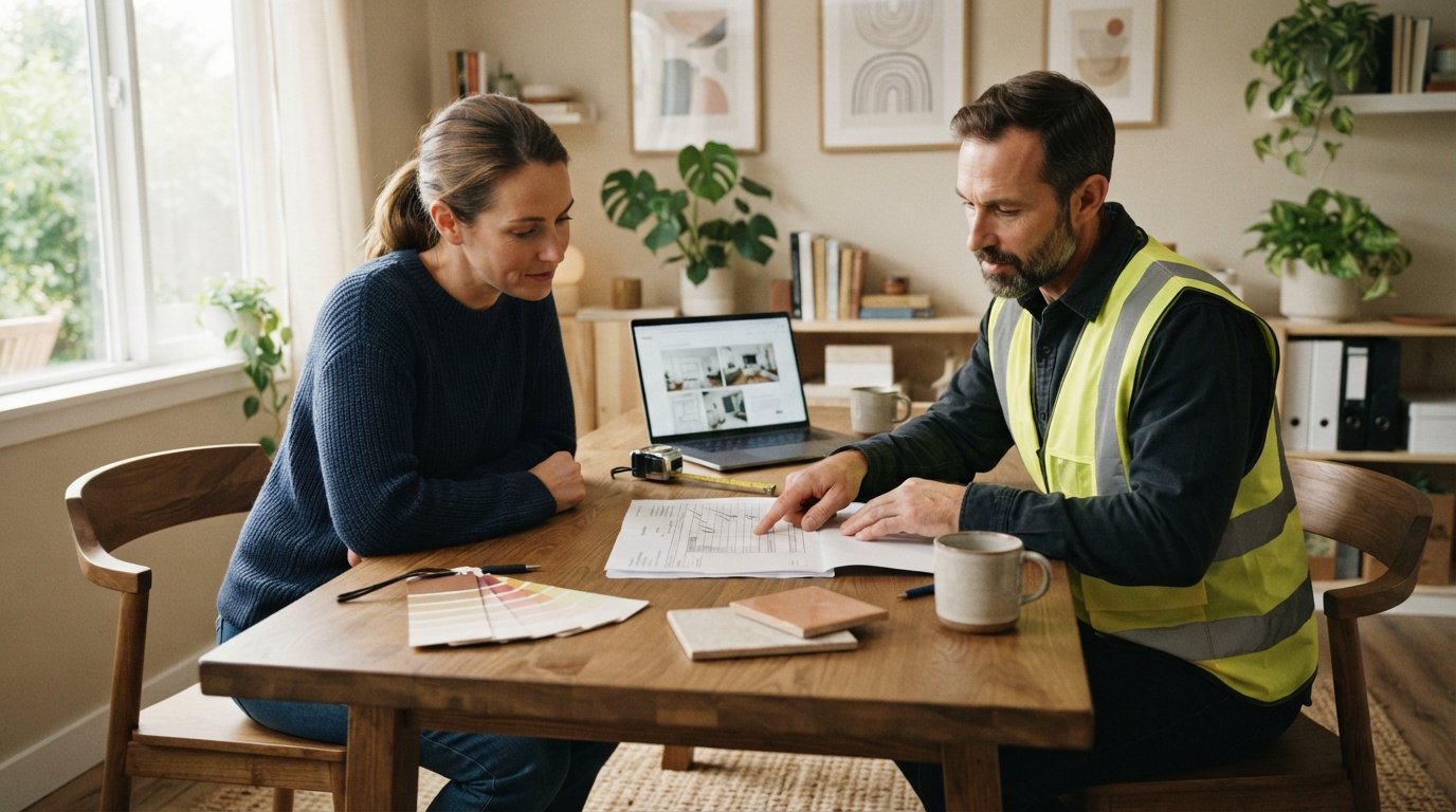 A homeowner and a contractor discuss an itemized estimate at a wooden table, with material samples and a laptop nearby.