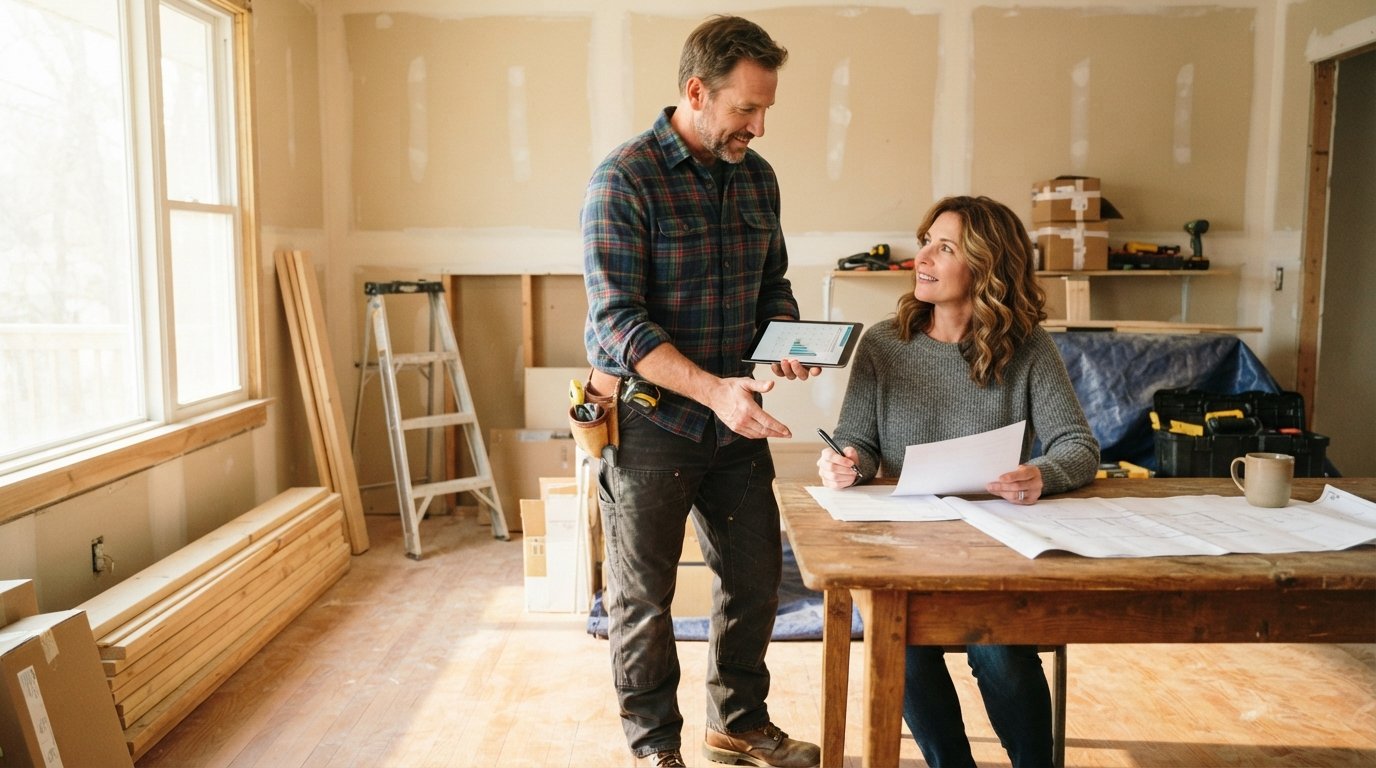 Contractor holding tablet with payment schedule while homeowner reviews contract papers in sunlit living room under…