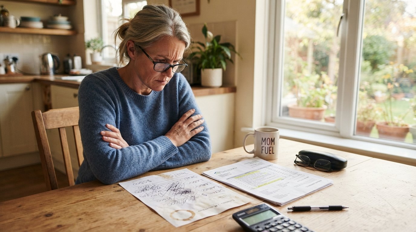 A homeowner with crossed arms studies a scribbled single-page contractor quote beside an itemized multi-page estimate on a…