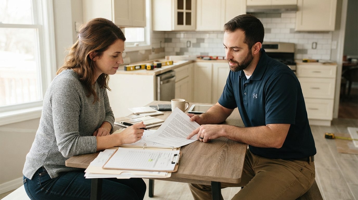 Homeowner with pen reviewing a printed contractor warranty while a contractor in a polo shirt points to a clause at a…