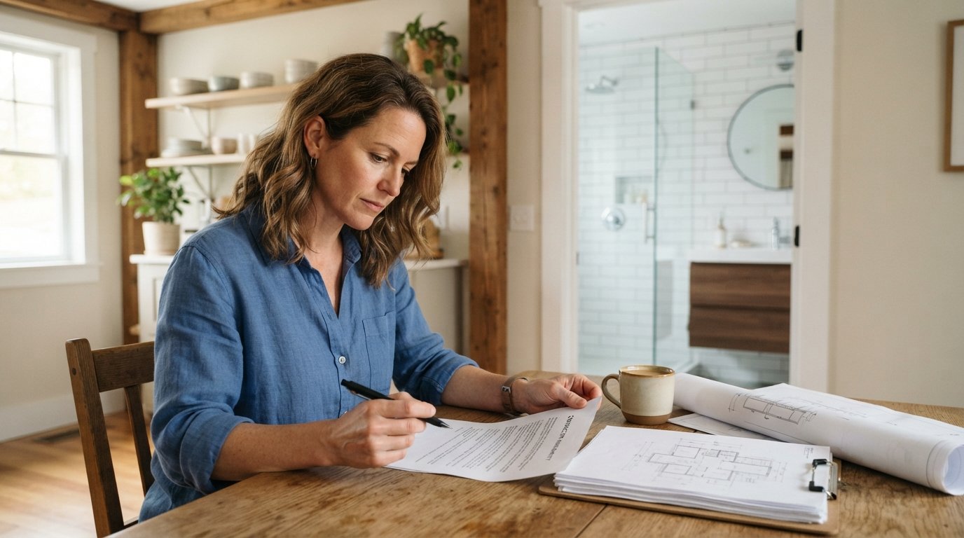 Homeowner with pen reviewing a contractor warranty document at a kitchen table, remodeled bathroom with tile and vanity…