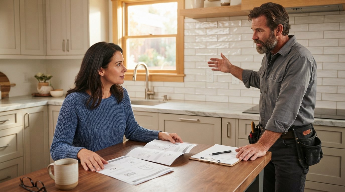 Homeowner at kitchen table reviewing two warranty documents while a contractor points to a newly installed tile backsplash