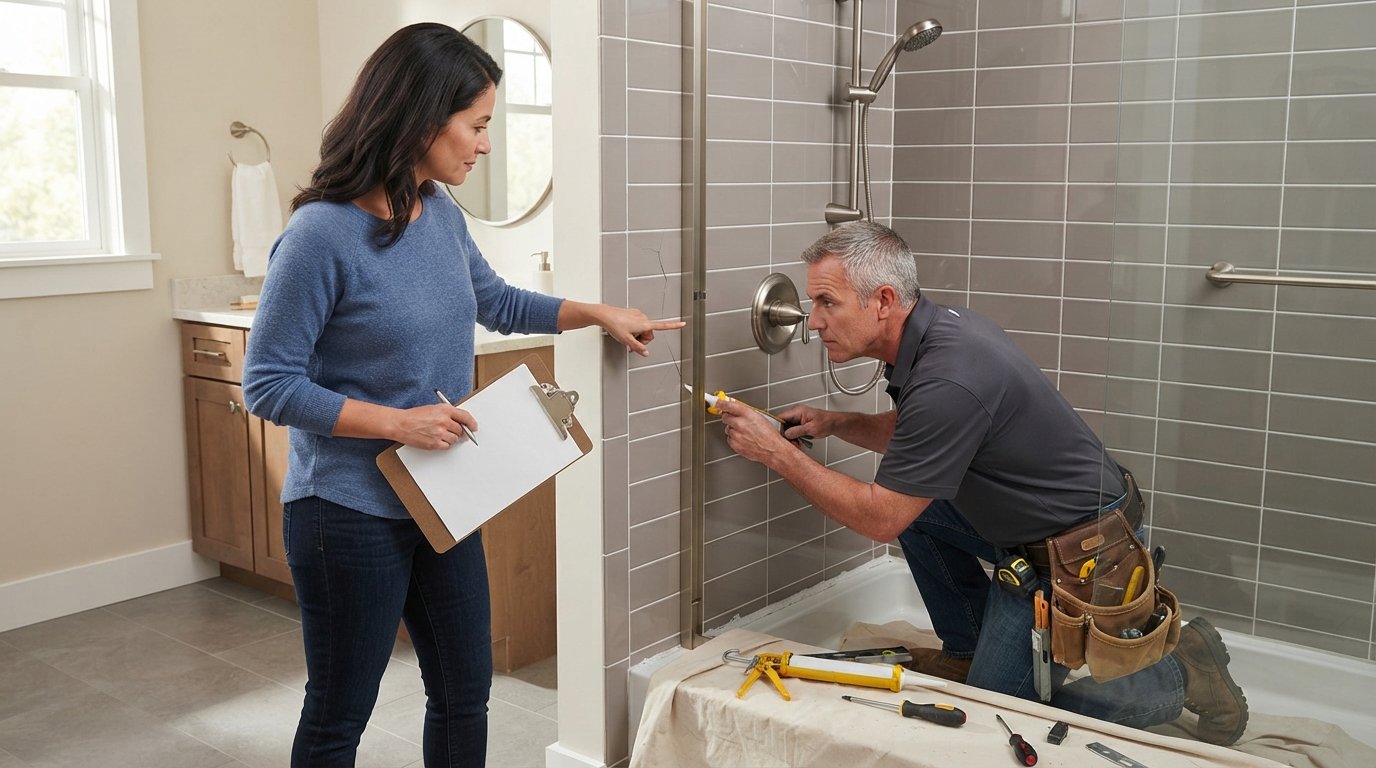Homeowner pointing at a hairline crack in gray bathroom tile while a contractor kneels by the shower surround inspecting…