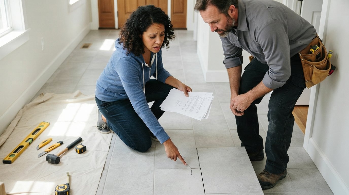 Homeowner kneeling on new gray tile floor pointing at a crack while a contractor examines the seam, printed guarantee in hand