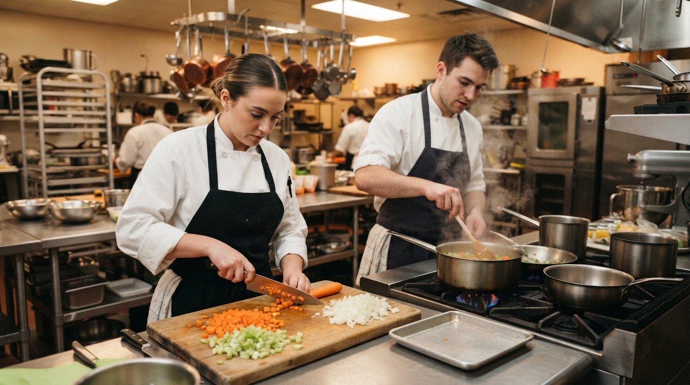 Two culinary students in white chef coats work in a stainless steel teaching kitchen; one dices vegetables while the other…