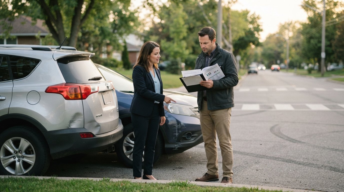 Two drivers stand beside their cars at a suburban intersection, one pointing at a dented bumper while the other holds a…