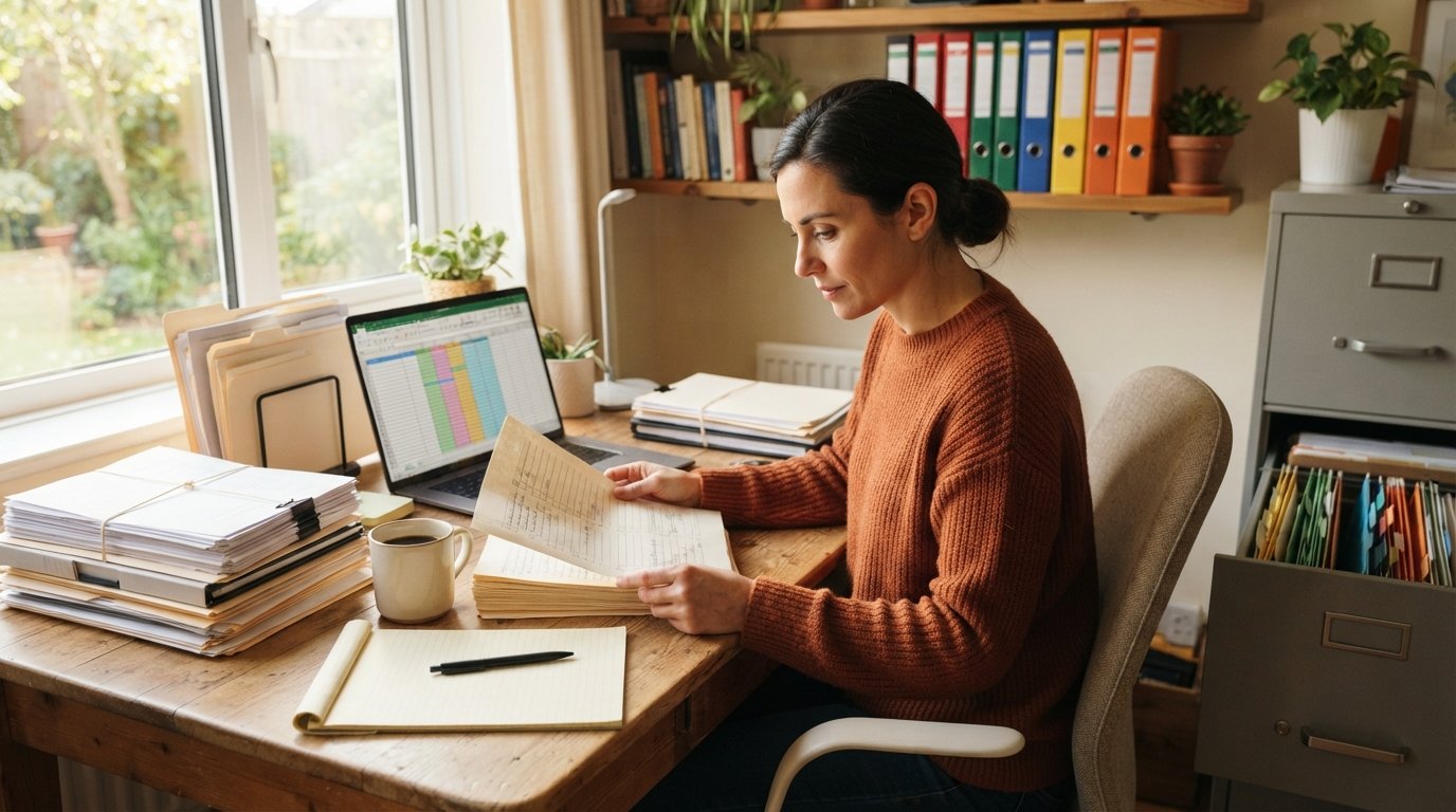 Small business owner at a sunlit wooden desk reviewing a printed checklist beside stacked documents, a laptop, coffee mug,…