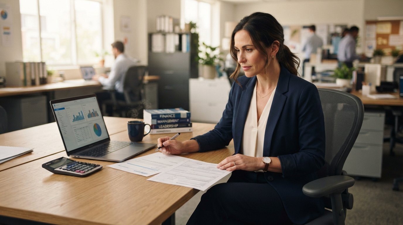 Business-casual employee at a desk reviewing an upfront tuition voucher beside a reimbursement form, with a laptop,…